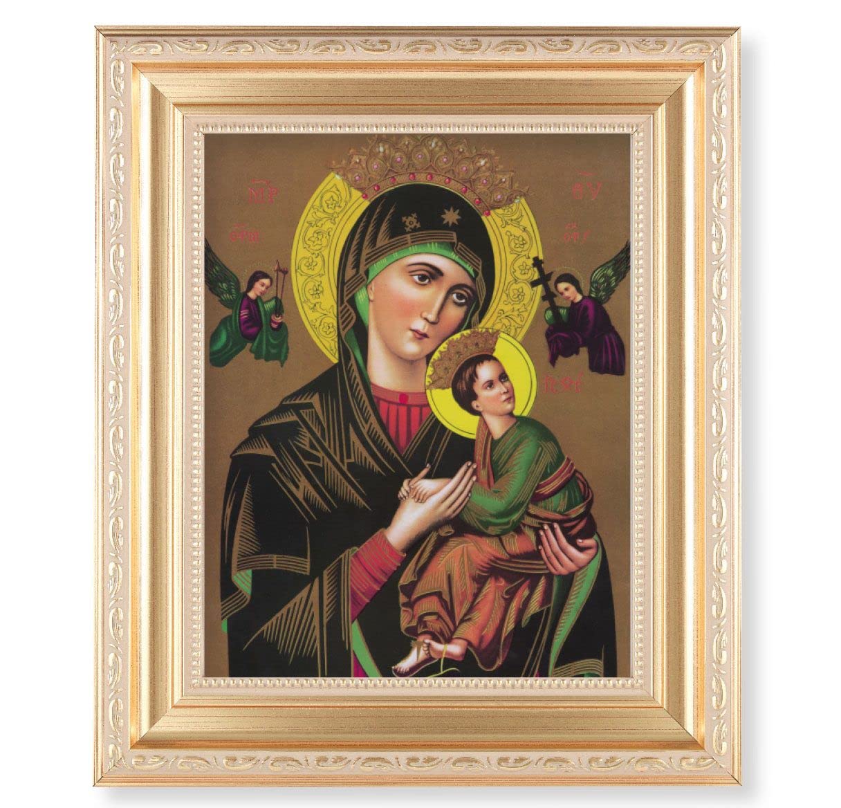 Our Lady of Perpetual Help, 11.5"x13.5" Satin Gold Frame, Distressed Finish with Scrollwork, Italian Print Under Glass # 26425