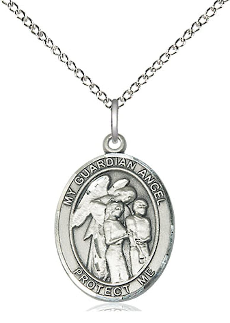 Guardian Angel with Children Medal in Fine Pewter, 3/4" tall, Your Choice of Chain, # 5704