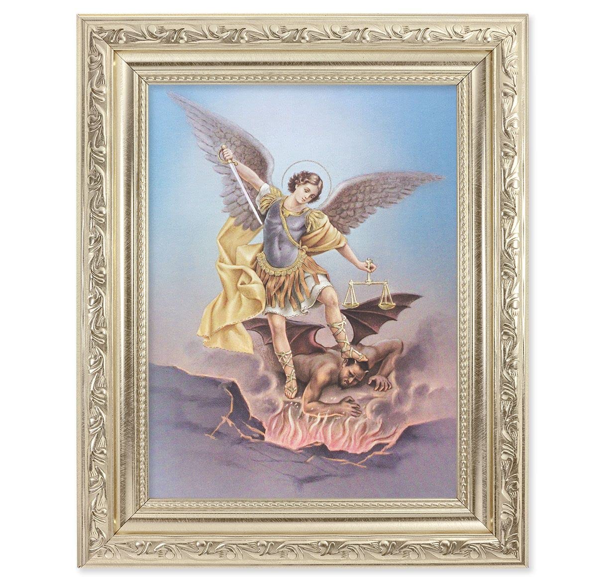 St. Michael Picture, 8-1/4"x10-1/4 Antique Silver Finish with Acanthus Leaf Detail Under Glass # 27897