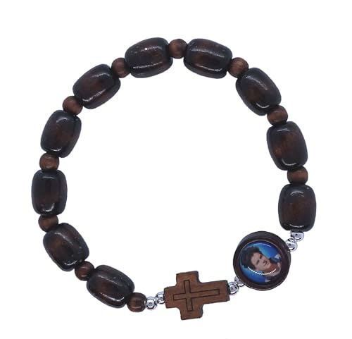 Carlo Acutis Stretch Rosary Bracelet, 10mm Brown Wood Beads, Photo Bead & Cross, 2-Count Value Pack # 2866