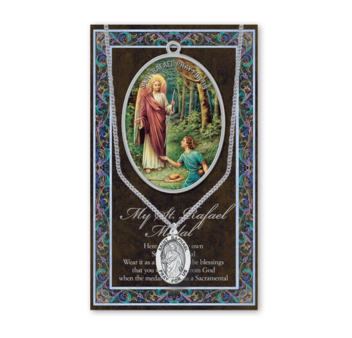 St. Raphael Biography and Folding Picture Card with a Medal & Chain # 29139