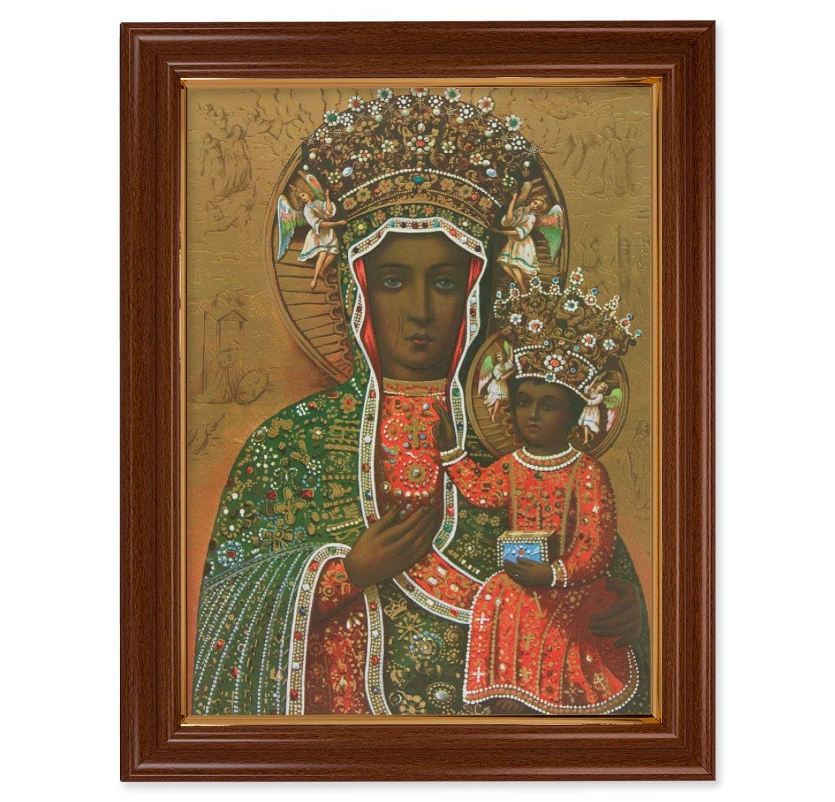 Our Lady of Czestochowa Picture, 15-1/2"x19-1/2 Walnut Finish Frame with Thin Gold Lip, Textured Italian Print # 22231