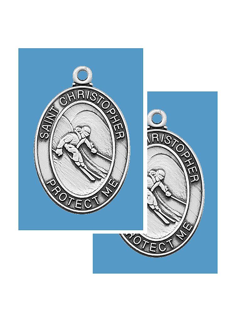 Boys Skiing Pewter Medal with Laminated Holy Card and 24" Chain, 2-Count Value Pack. # 21394