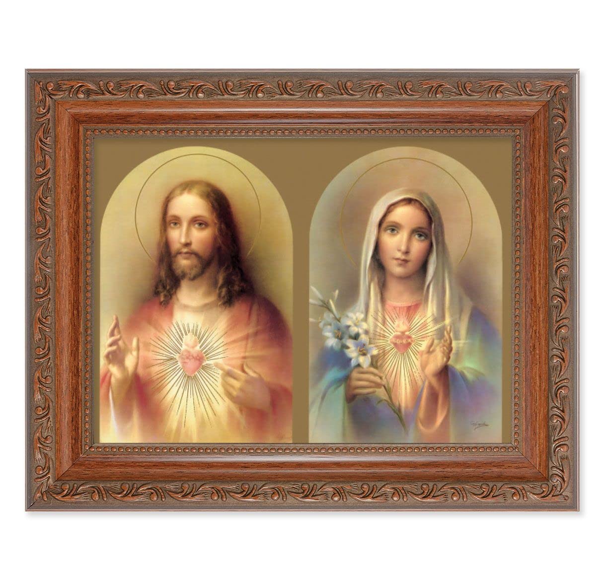 The Sacred Hearts Picture, 8-1/4"x10-1/4 Mahogany Finish with Acanthus Leaf Detail Under Glass # 27798