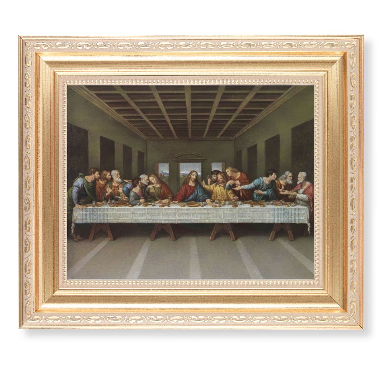 Last Supper, 11.5"x13.5" Satin Gold Frame, Distressed Finish with Scrollwork, Italian Print Under Glass # 26476