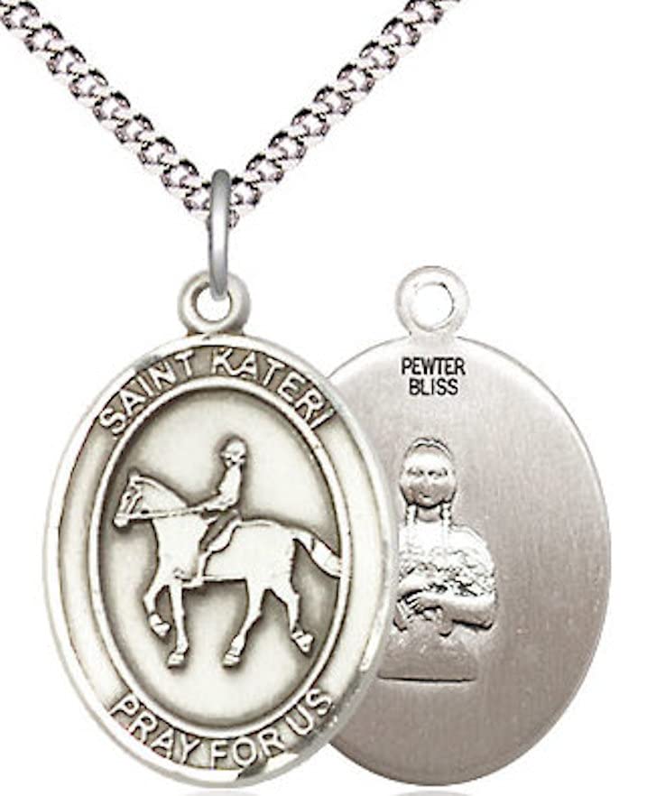 Equestrian / St. Kateri Medal in Fine Pewter, 3/4", Your Choice of Chain # 17575