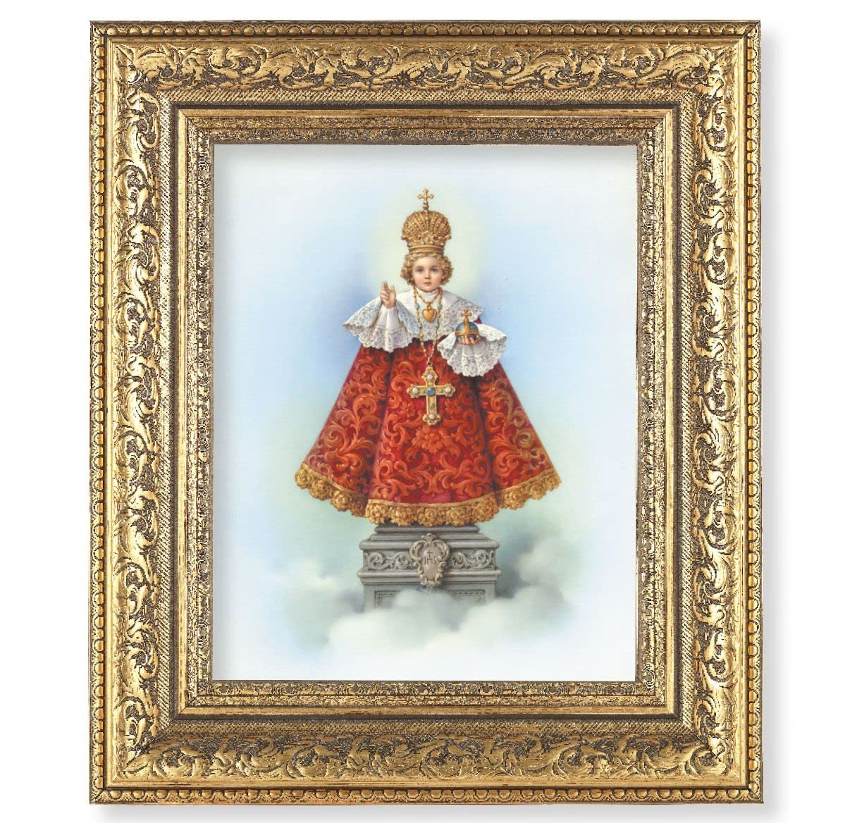 Infant of Prague Picture, 12-1/2"x14-1/2, Antique Gold Leaf Carvings Ornate Frame, Italian Print Under Glass # 25425
