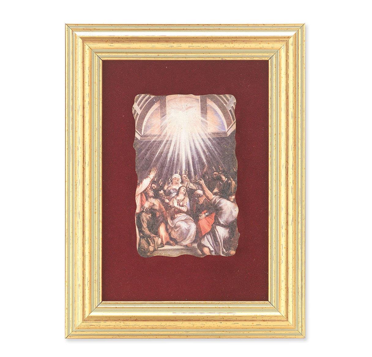 Pentecost Picture, Antique Gold 5" x6-1/2 Frame, Image Centered On Burgundy Velvet Matting # 28133