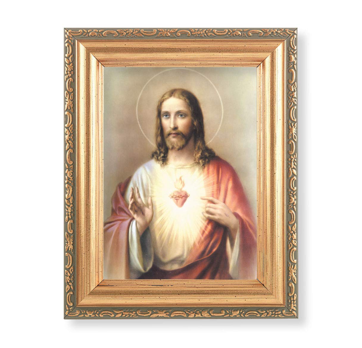 Sacred Heart Picture, Antique Gold 5-1/2"x7 Frame with Acanthus-Leaf Edging Under Glass # 28141