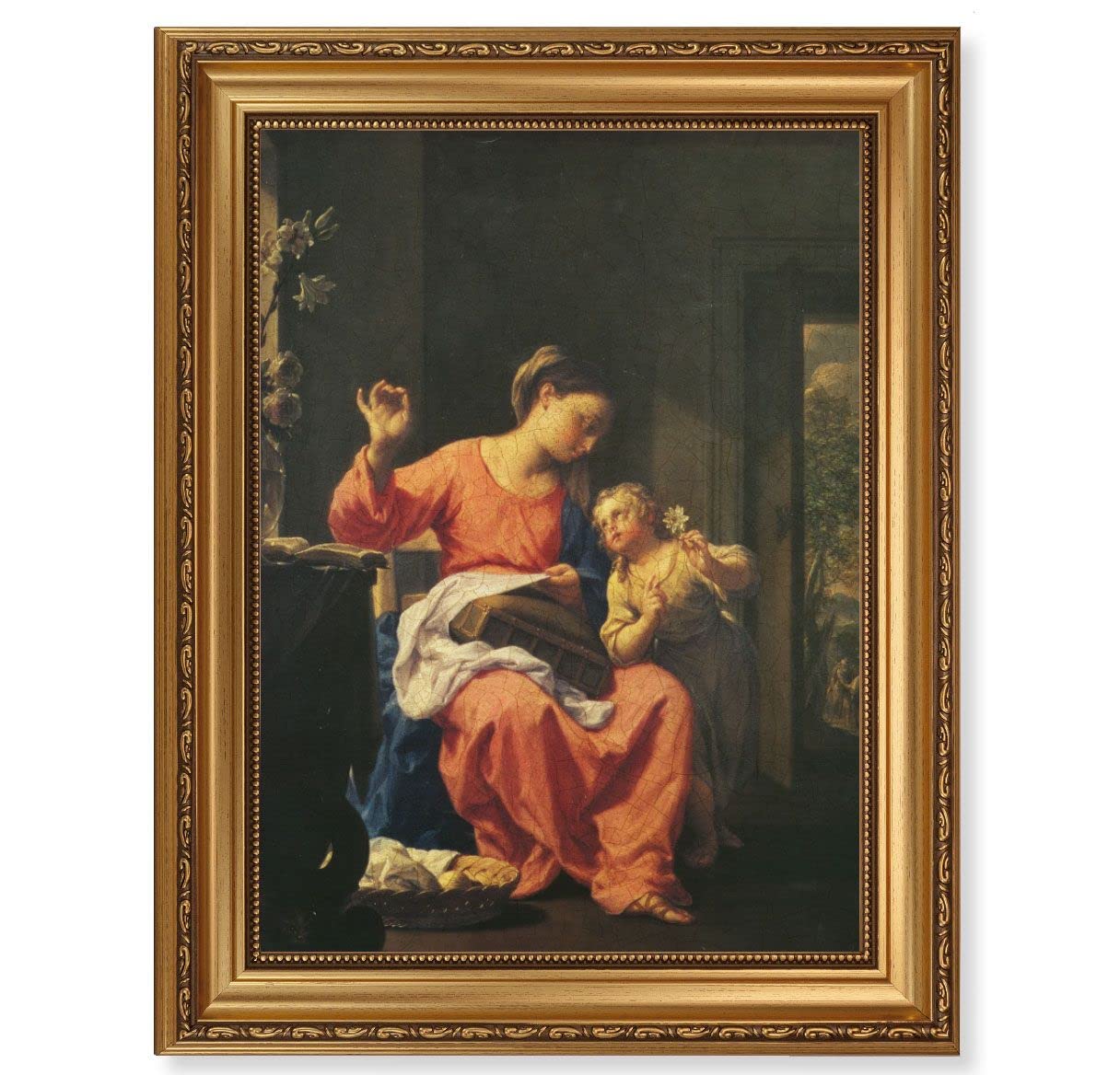 Jesus & Mary Picture, 15-1/2"x19-1/2 Antique Gold Leaf Frame, Acanthus-Leaf Trim, Beaded Lip, Textured Italian Print # 22191
