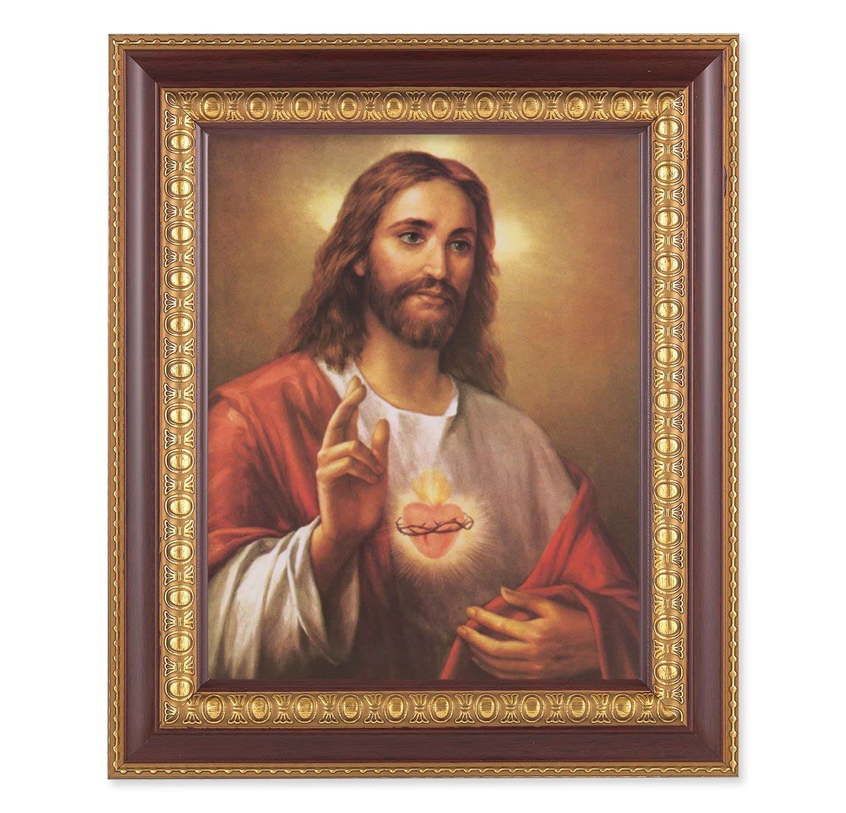 La Fuente: Sacred Heart of Jesus, 11-1/2"x13-1/2, Cherry Finish with Gold Egg & Dart Frame, Italian Print Under Glass # 26087