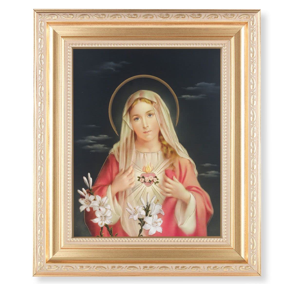 Immaculate Heart of Mary, 11.5"x13.5" Satin Gold Frame, Distressed Finish with Scrollwork, Italian Print Under Glass # 26423