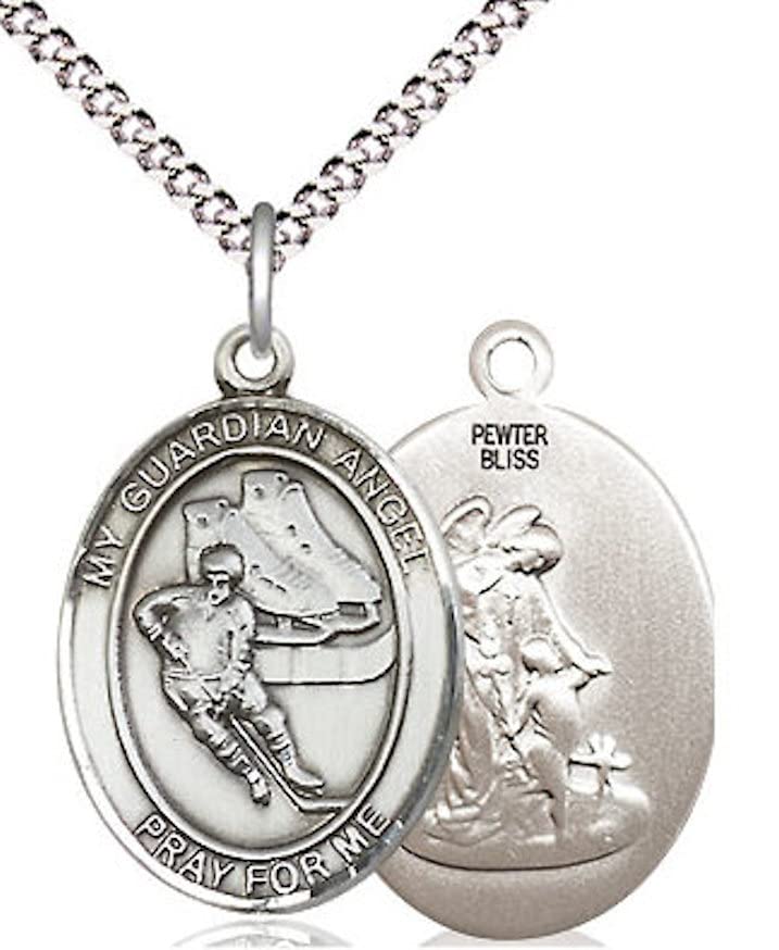 Hockey / Guardian Angel Medal in Fine Pewter, 3/4", Your Choice of Chain # 17570