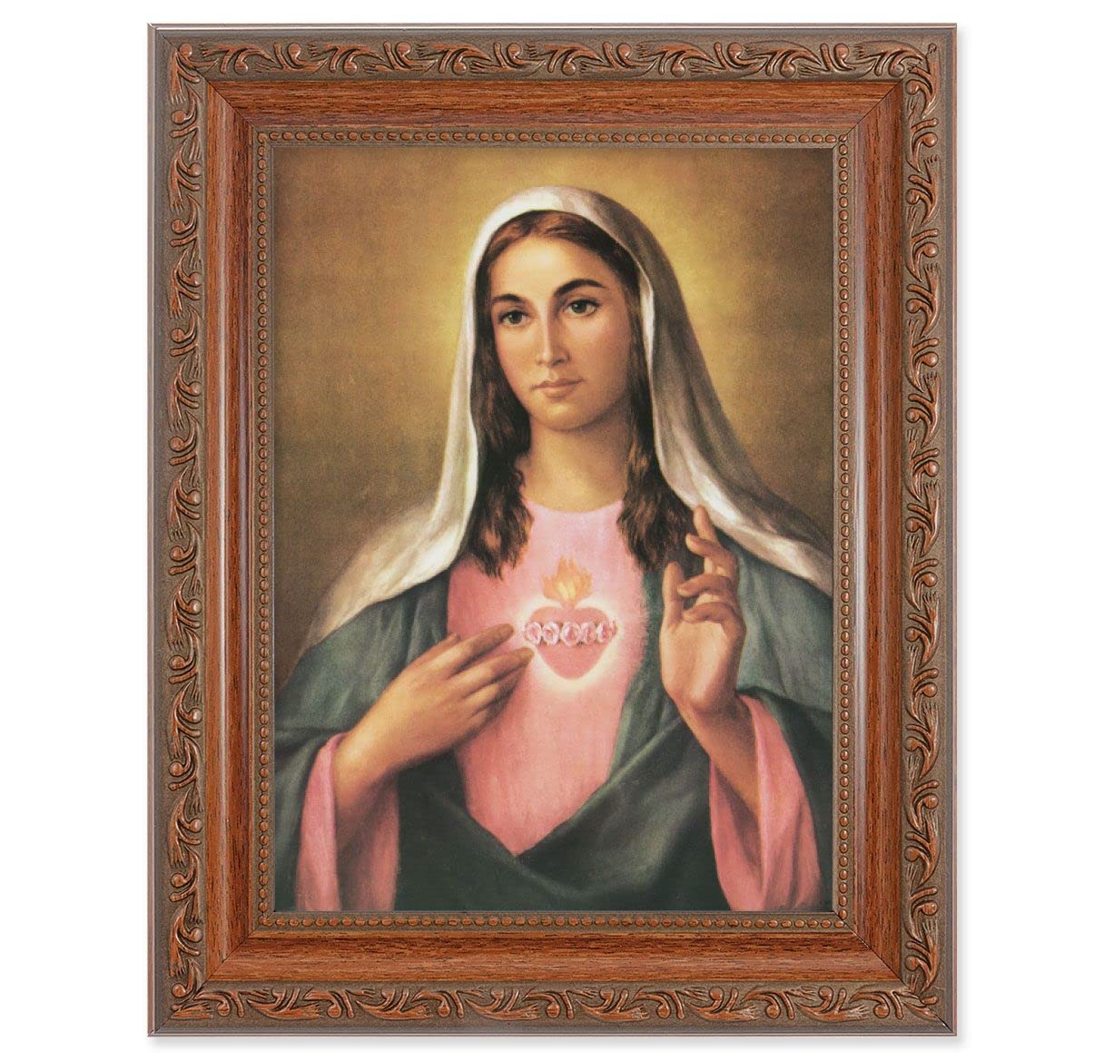 La Fuente: Immaculate Heart of Mary Picture, 8-1/4"x10-1/4 Mahogany Finish with Acanthus Leaf Detail Under Glass # 27848