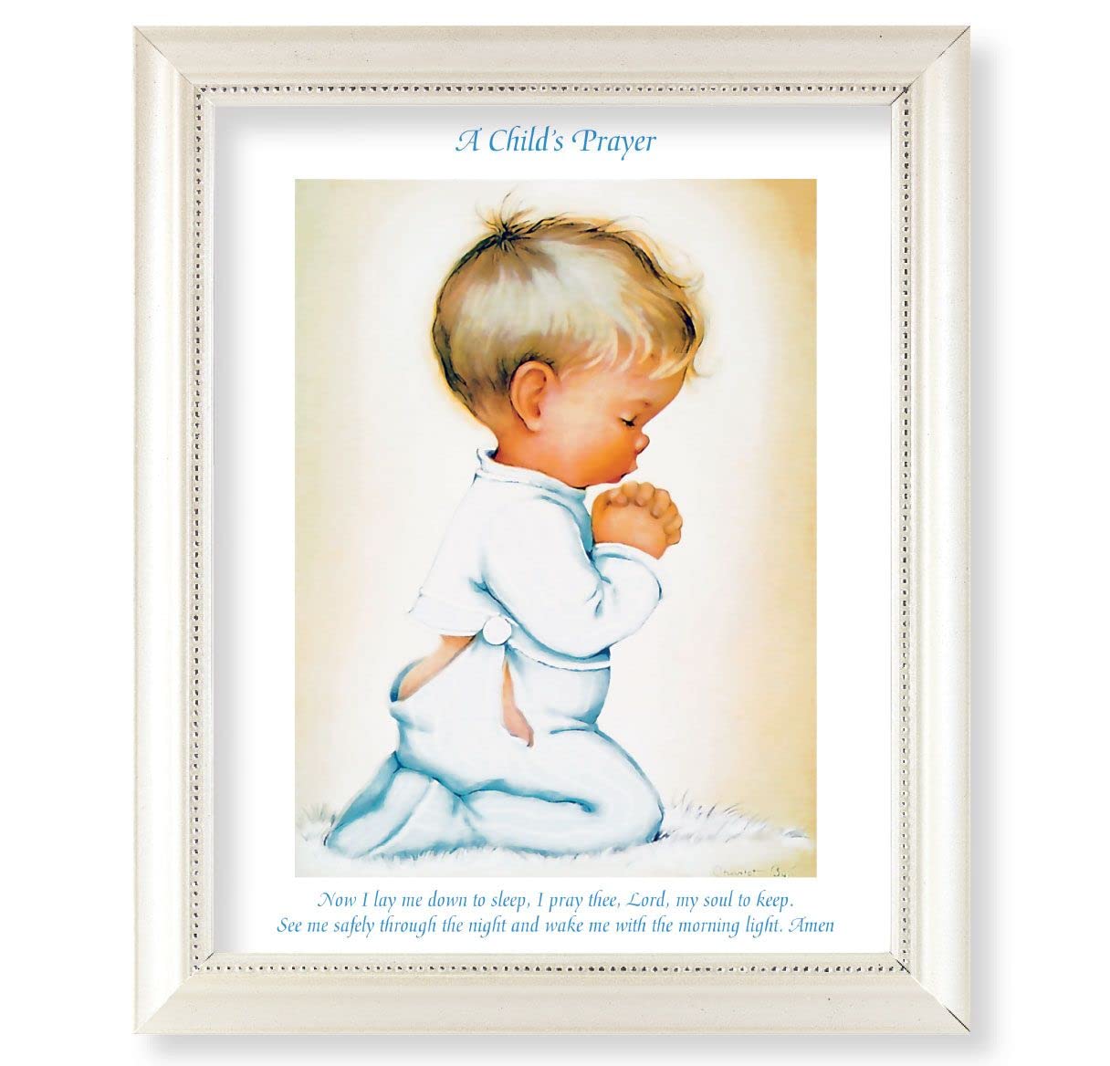 Praying Baby Boy Picture, Pearlized White 9-1/2"x11-1/2 Frame, Beaded Lip, Under Glass # 28107