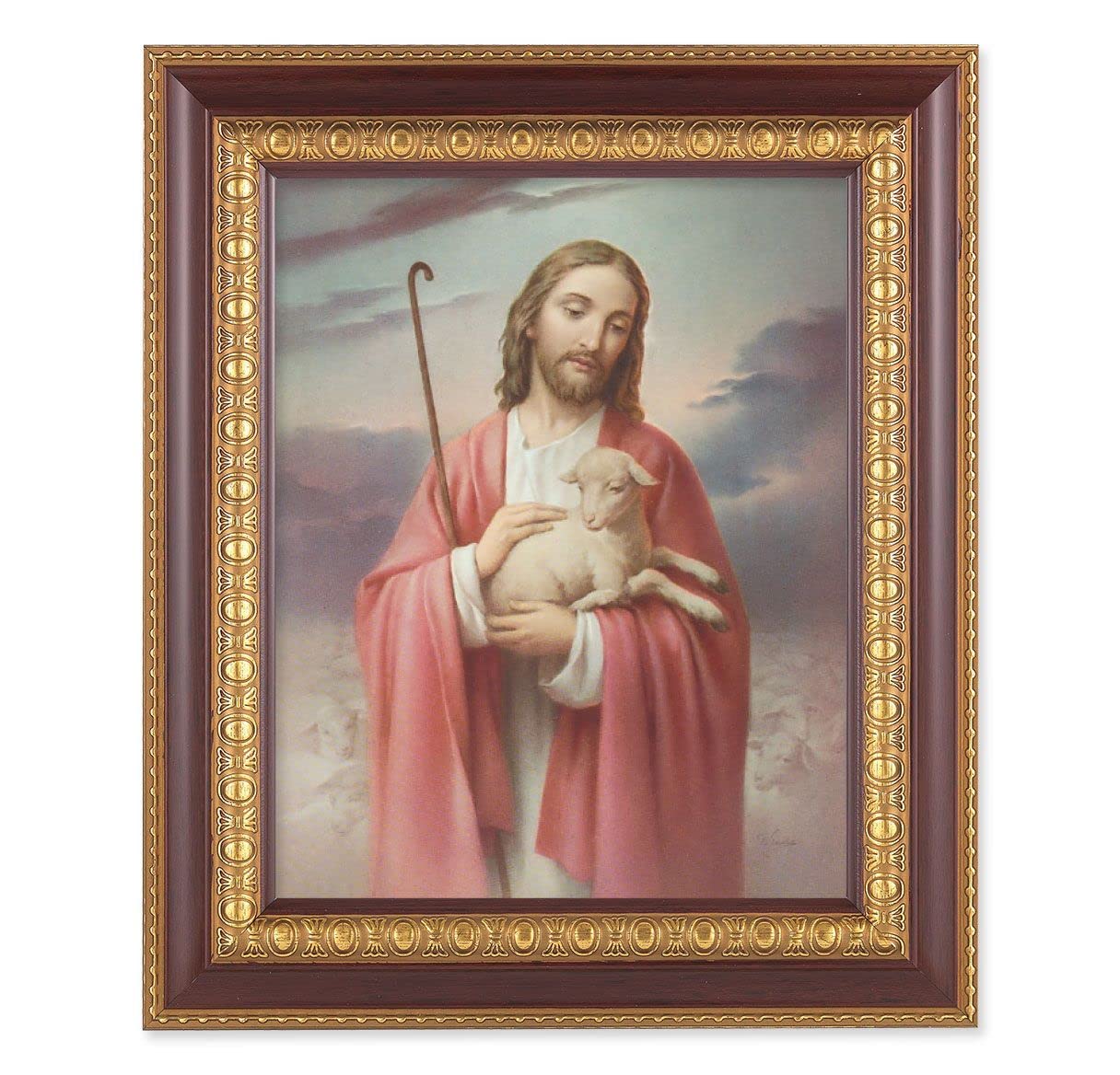 Good Shepherd, 11-1/2"x13-1/2, Cherry Finish with Gold Egg & Dart Frame, Italian Print Under Glass # 25951