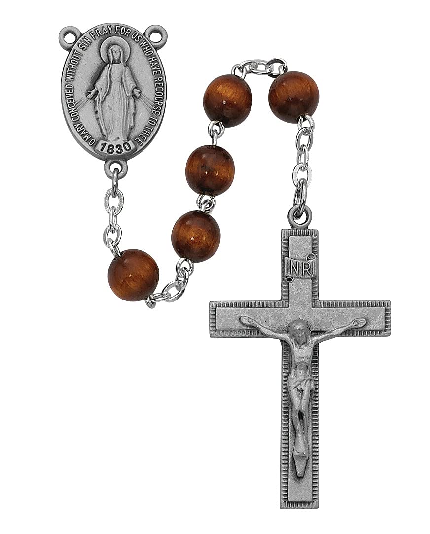 7mm Brown Wood Miraculous Medal Rosary, Pewter Center and 1-3/4" Crucifix # 21228
