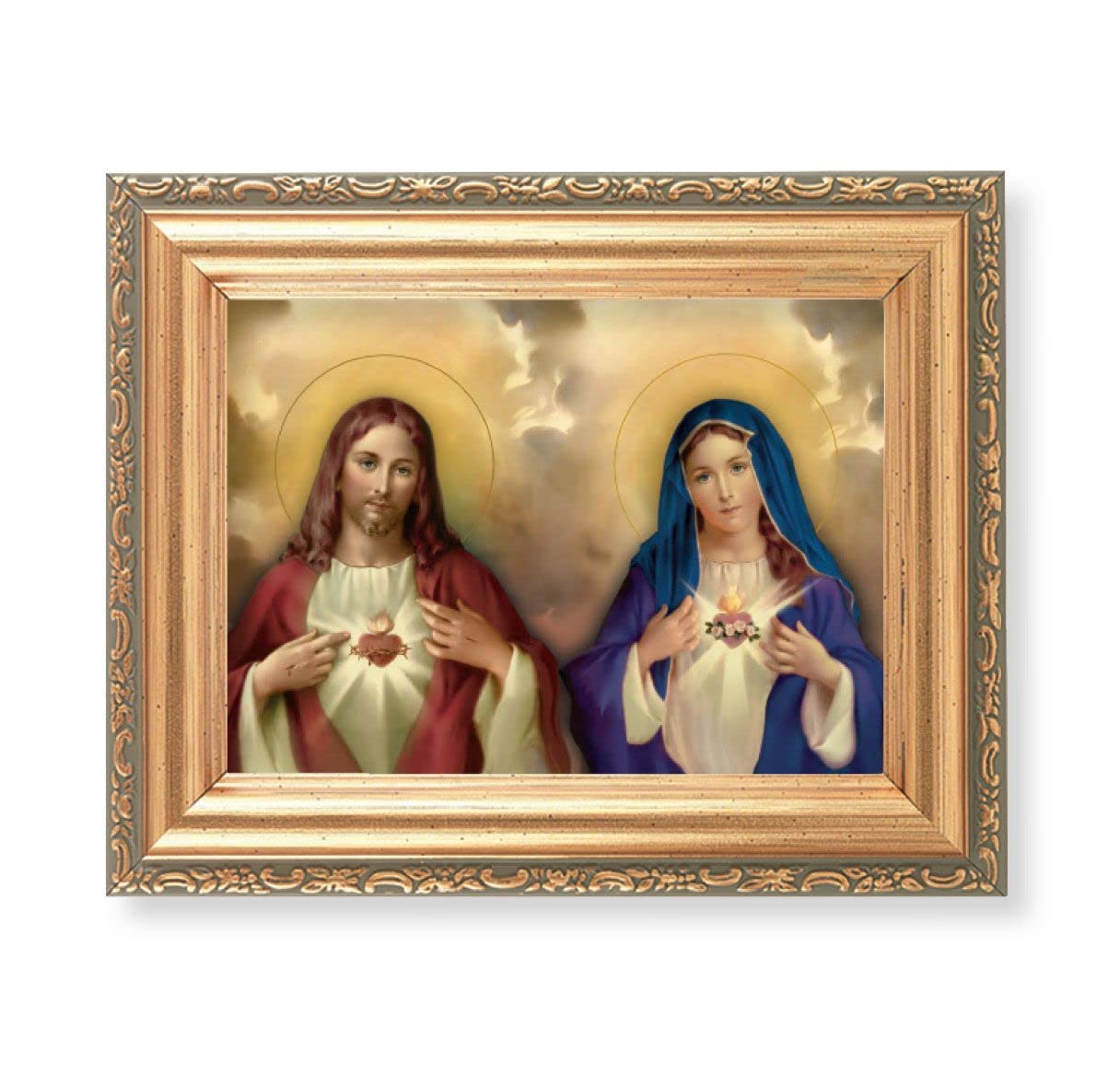 Antique Gold Frame, 5.75"x7.25" overall, Under Glass, Sacred Heart & Immaculate Heart, # 90820