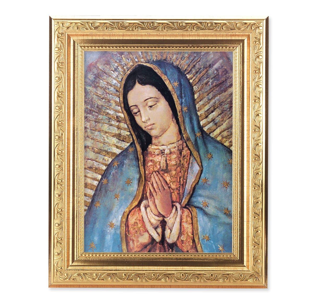 Our Lady of Guadalupe Picture, 8-1/4"x10-1/4 Gold-Leaf Finish Acanthus Leaf Detail Under Glass # 27697