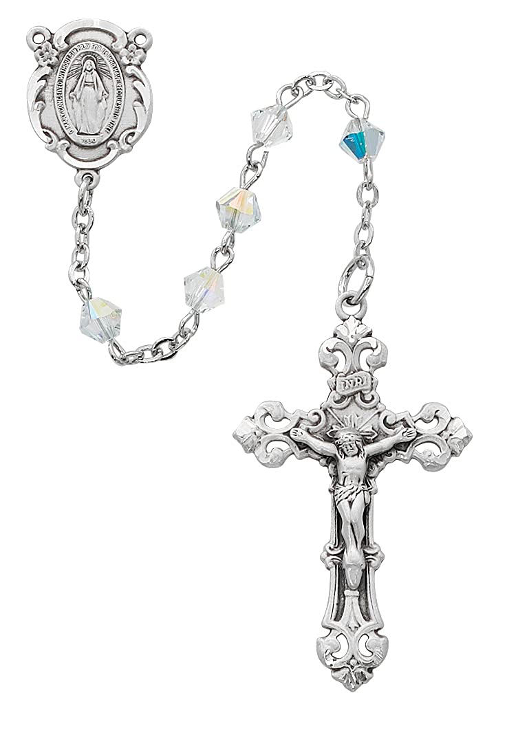 Beautiful Rosary with 5mm Crystal Aurora Borealis Beads, Rhodium Pewter Center and 1-5/8" Crucifix # 21189