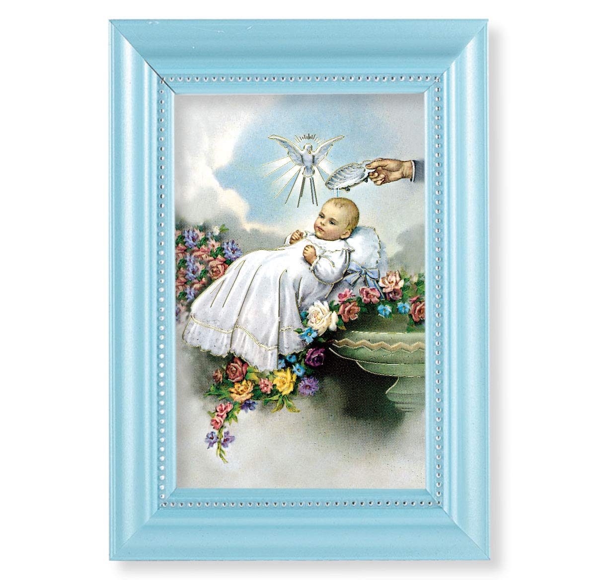 Baby Baptism Picture, Pearlized Blue 5-1/2"x7 Frame, Beaded Lip, Under Glass # 28063