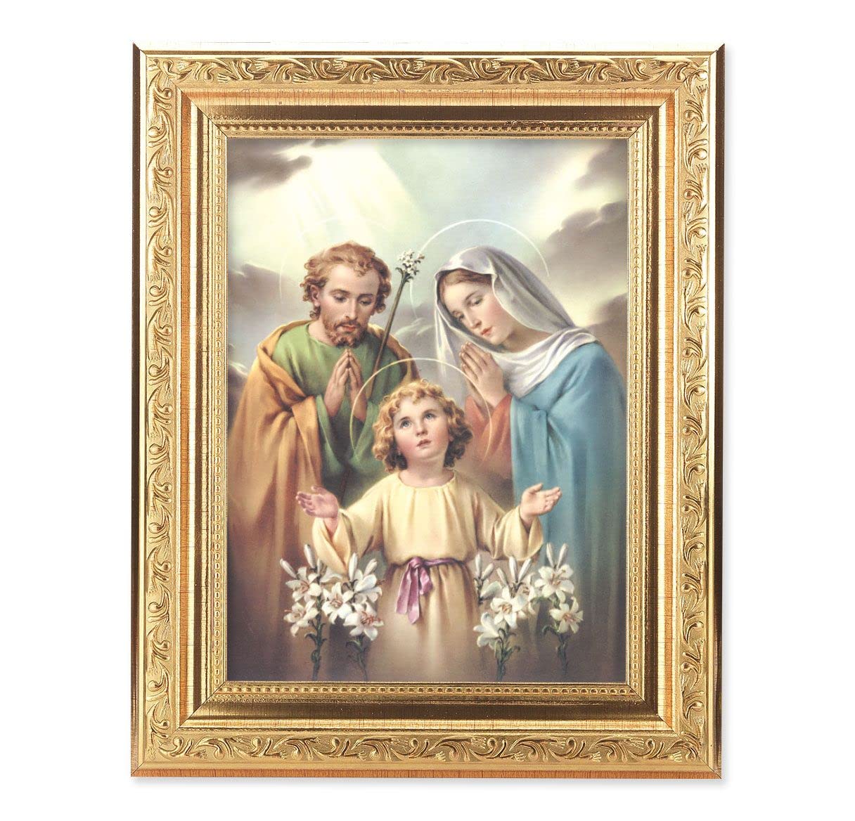 Holy Family Picture, 8-1/4"x10-1/4 Gold-Leaf Finish Acanthus Leaf Detail Under Glass # 27732