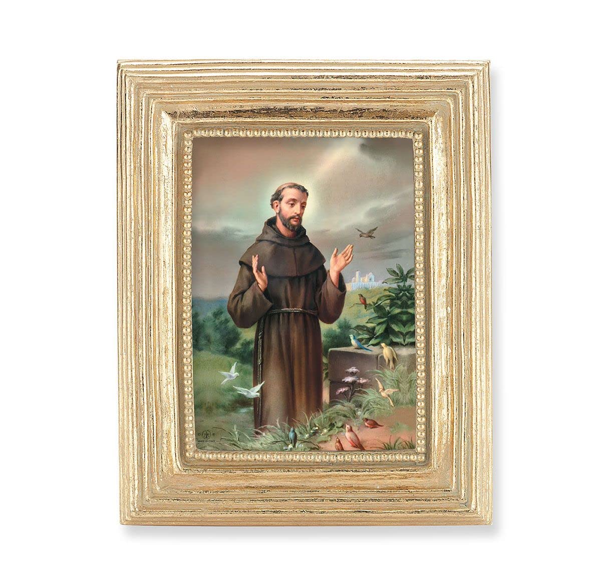 St. Francis of Assisi Picture, Gold Finish 3-7/8"x4-3/4 Frame, Exclusive Gold Stamped Print Under Glass # 28338