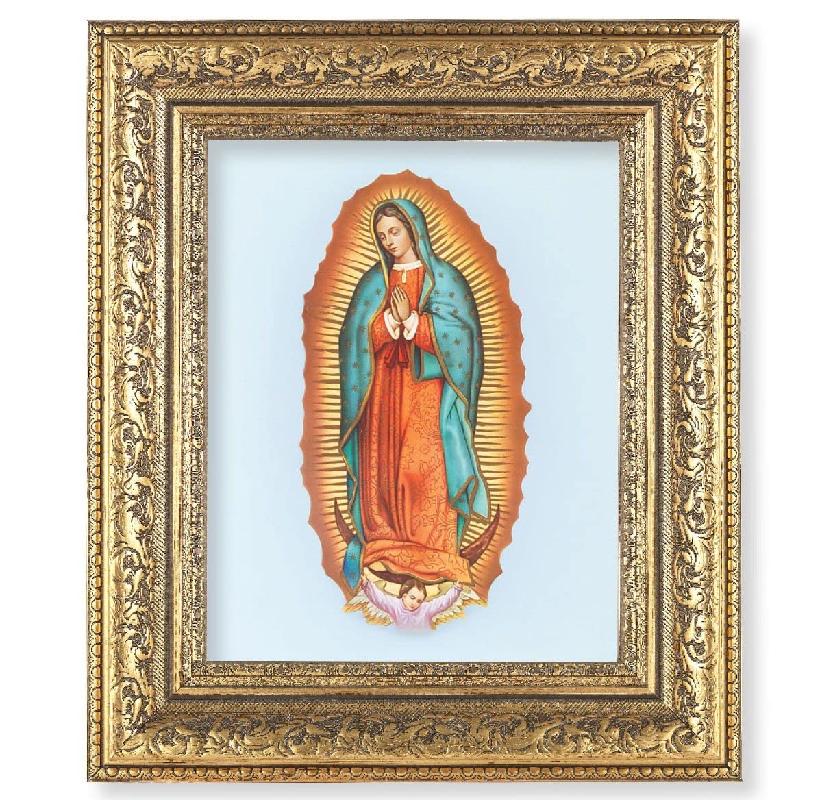 Our Lady of Guadalupe Picture, 12-1/2"x14-1/2, Antique Gold Leaf Carvings Ornate Frame, Italian Print Under Glass # 25476