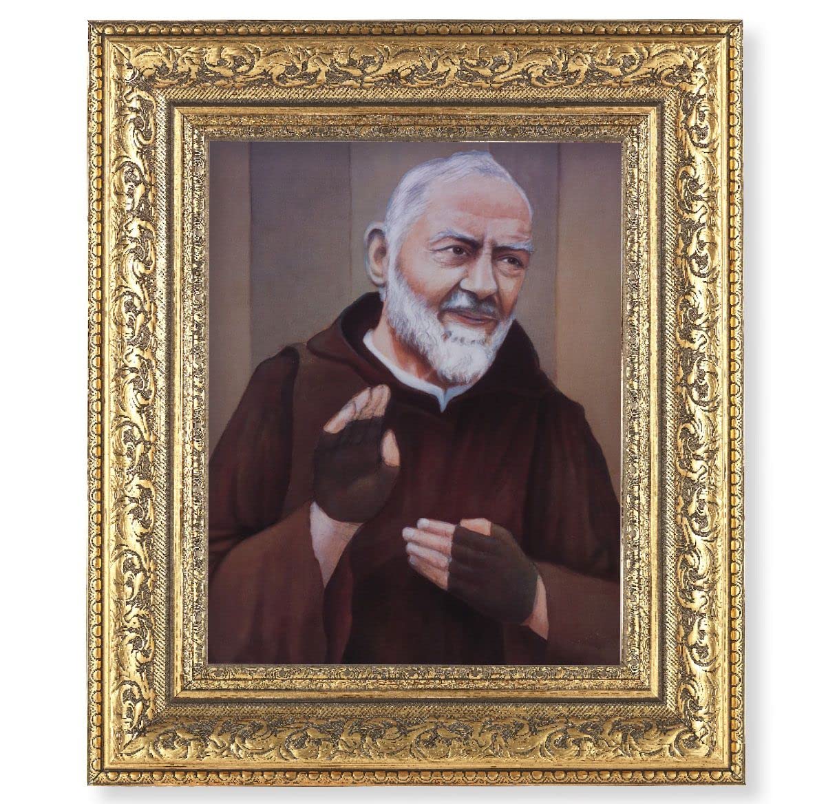 St. Padre Pio Picture, 12-1/2"x14-1/2, Antique Gold Leaf Carvings Ornate Frame, Italian Print Under Glass # 25537