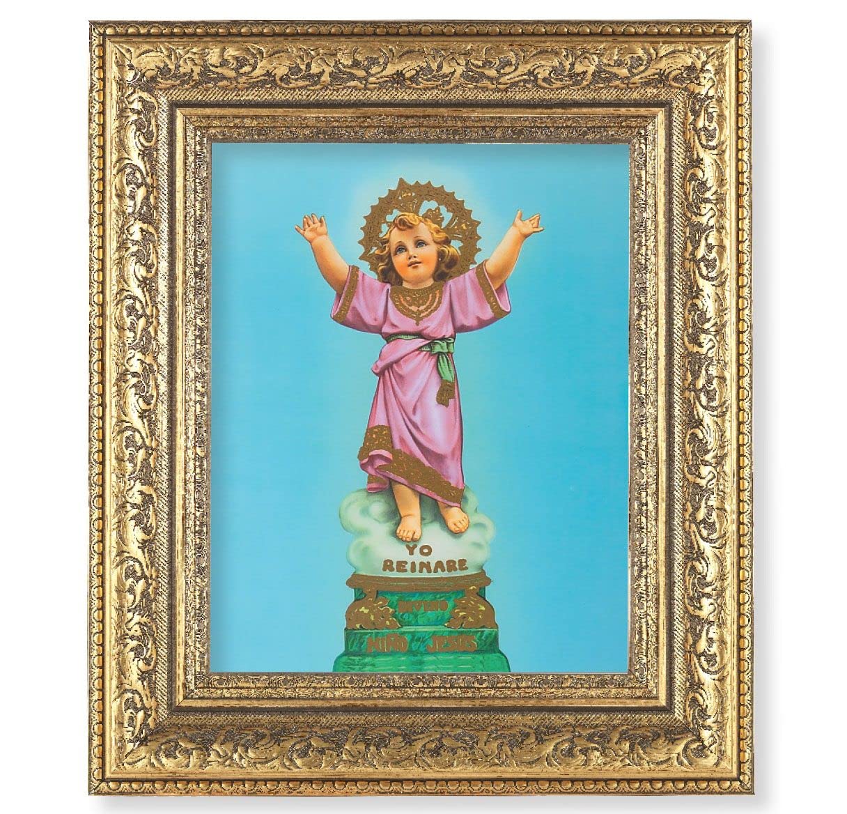 Divino Nino Picture, 12-1/2"x14-1/2, Antique Gold Leaf Carvings Ornate Frame, Italian Print Under Glass # 25433