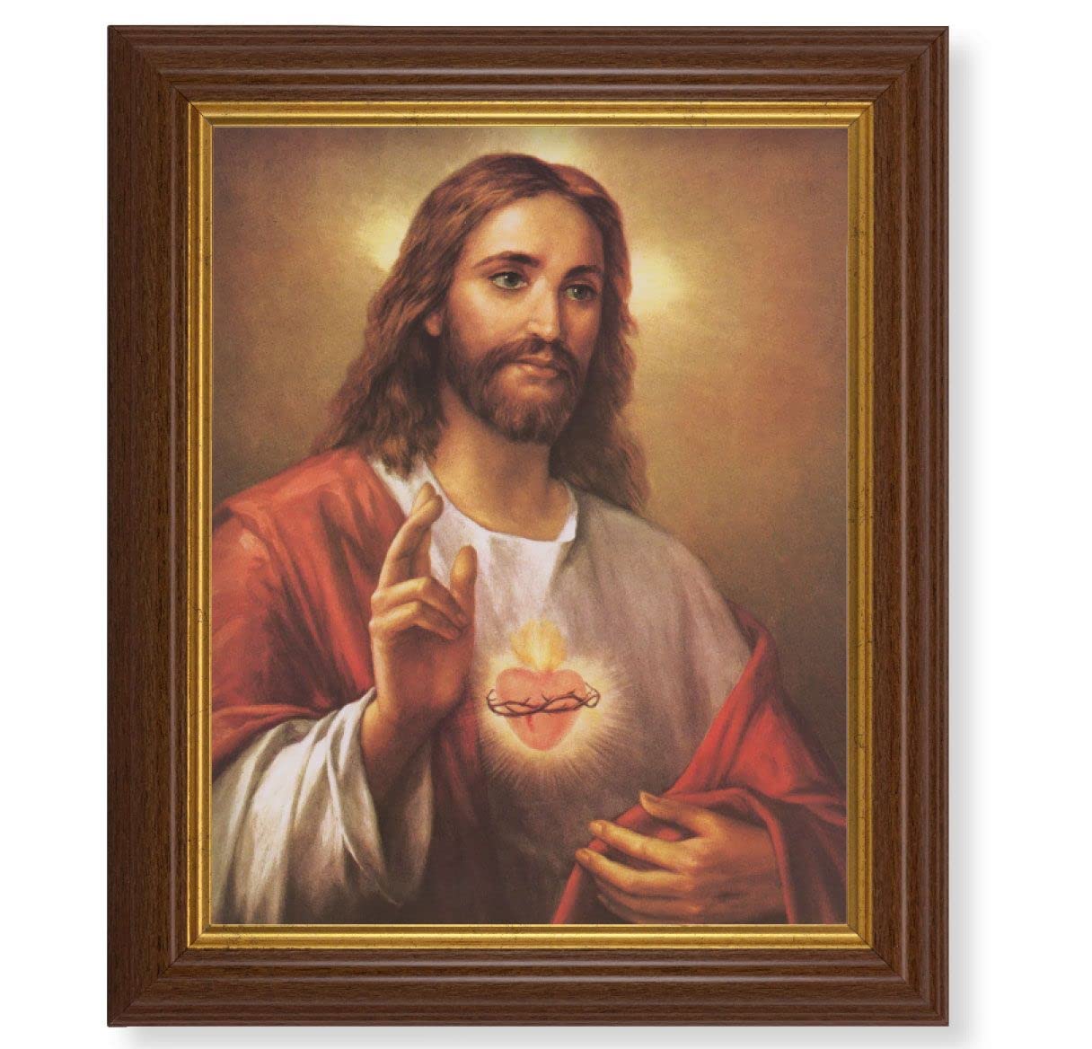 La Fuente: Sacred Heart of Jesus, 10.5"x12.5" Walnut Finished Fluted Frame, Gold Beaded Lip, Italian Print # 27052