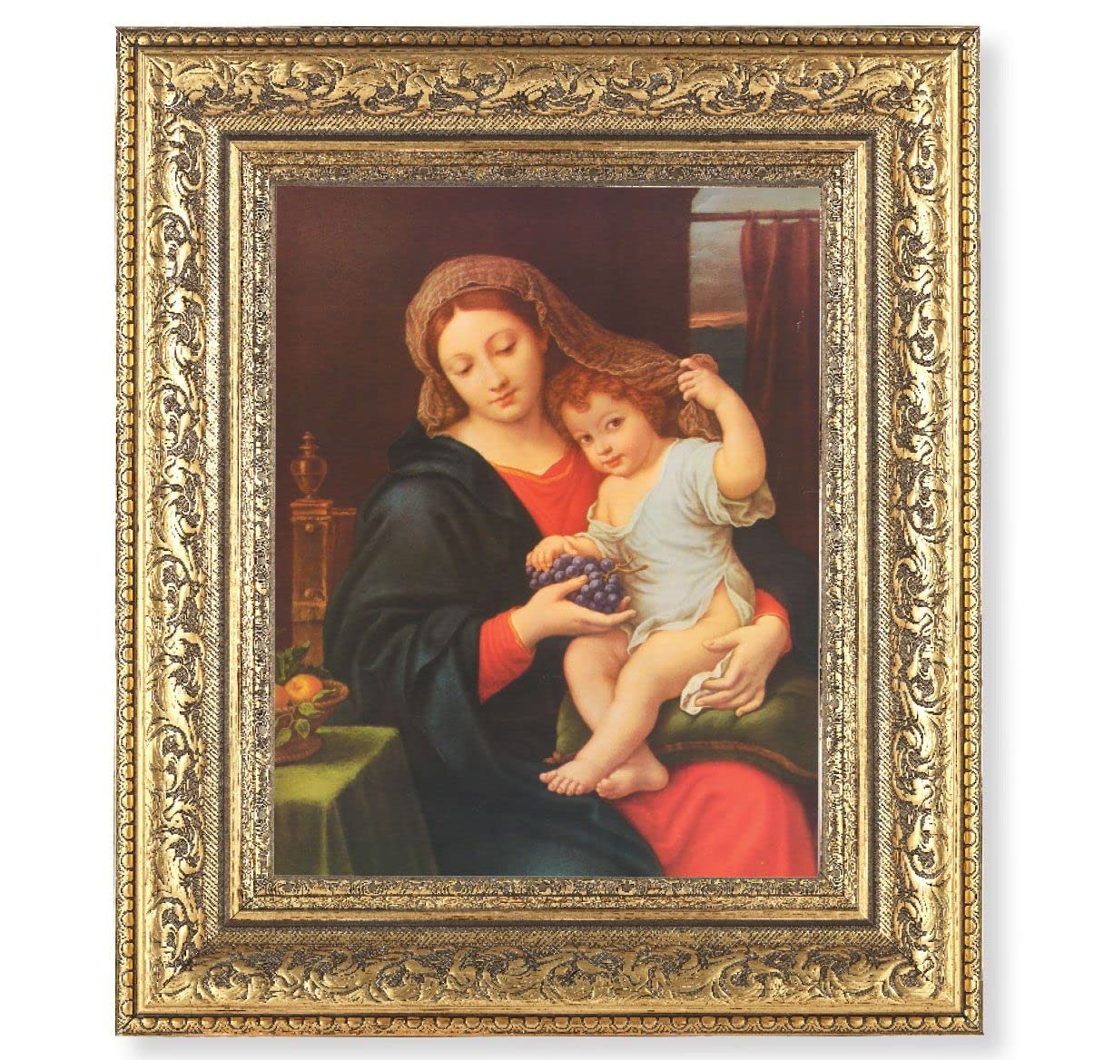 Madonna of The Grapes Picture, 12-1/2"x14-1/2, Antique Gold Leaf Carvings Ornate Frame, Italian Print Under Glass # 25500
