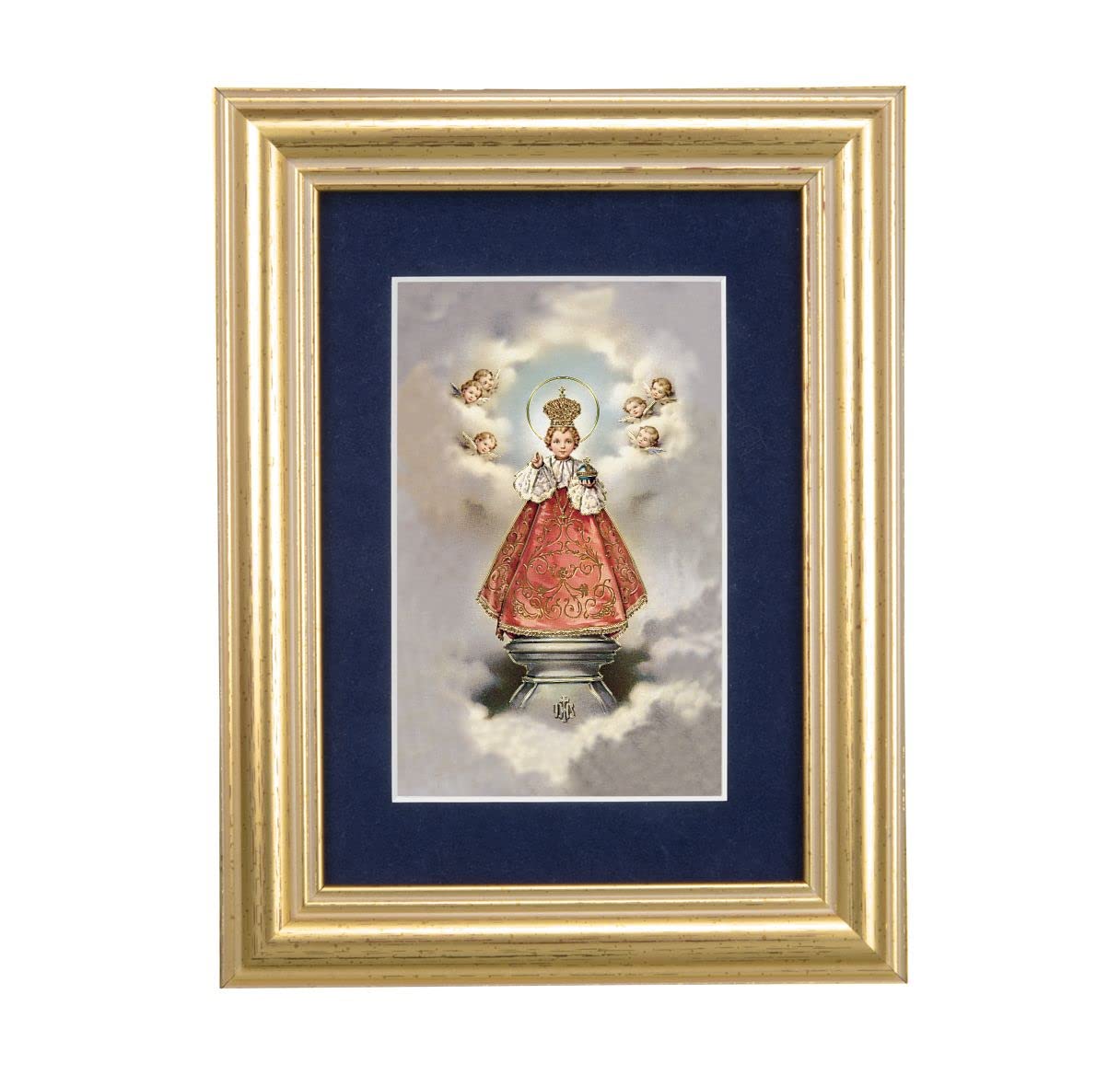 Infant of Praque with Angels Picture, 5"x6.5" Antique Gold Fluted Frame, Behind Blue Velvet Matting # 28260