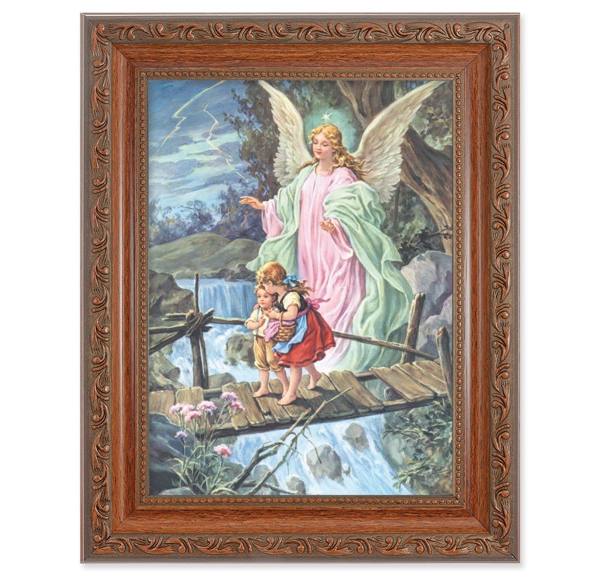 Guardian Angel with Children Picture, 8-1/4"x10-1/4 Mahogany Finish with Acanthus Leaf Detail Under Glass # 27830