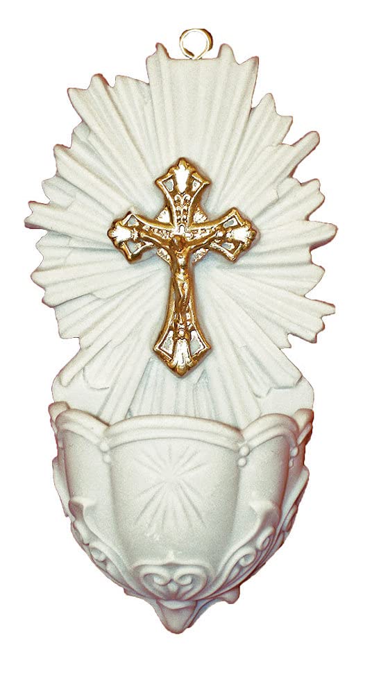5" Holy Water Fonts, White Alabaster with Gold Cross, 2-Count Value Pack, # 96439