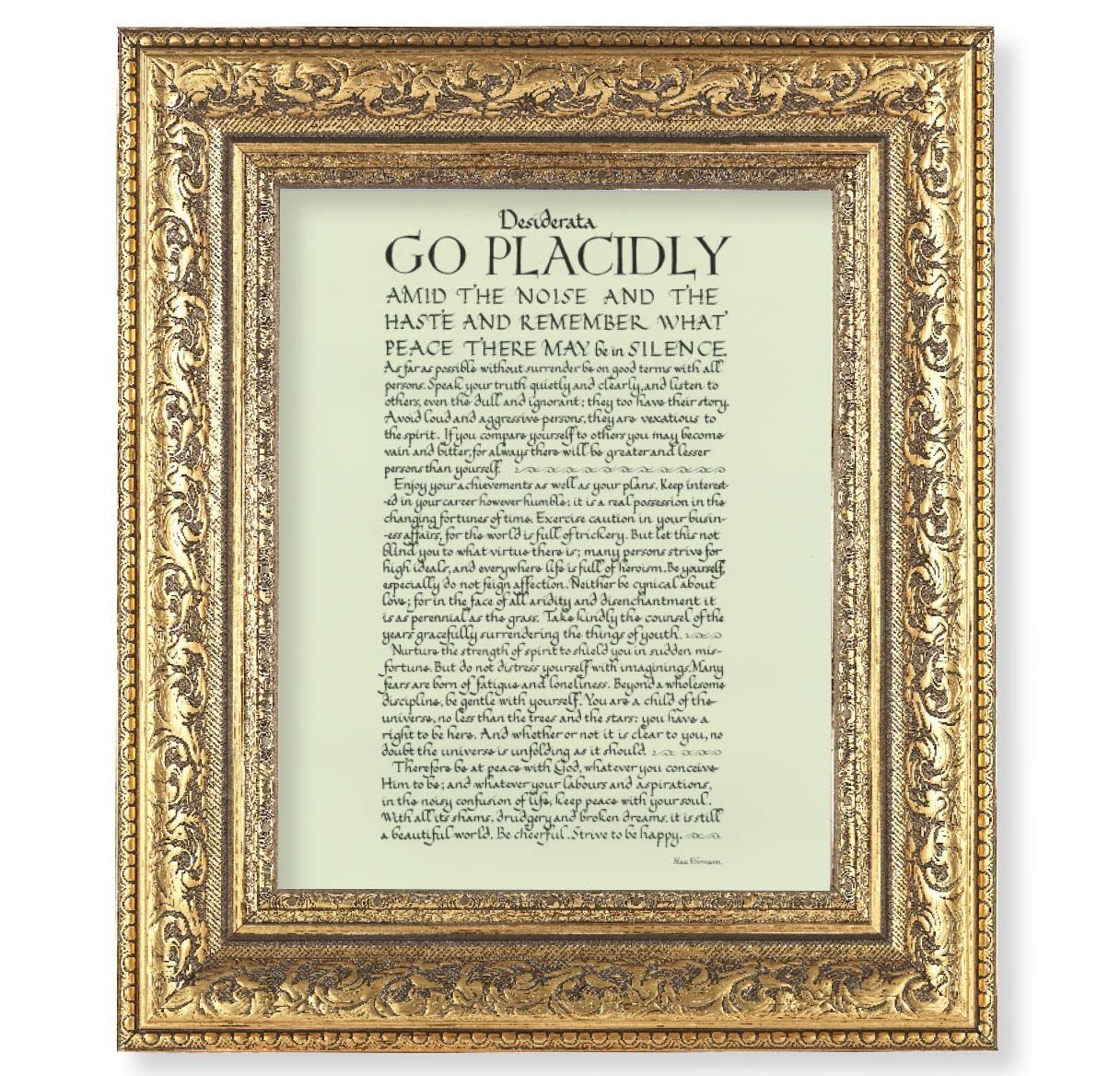 Go Placidly Picture, 12-1/2"x14-1/2, Antique Gold Leaf Carvings Ornate Frame, Italian Print Under Glass # 25590