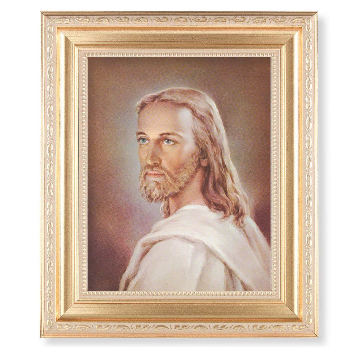 Head of Christ, 11.5"x13.5" Satin Gold Frame, Distressed Finish with Scrollwork, Italian Print Under Glass # 26398