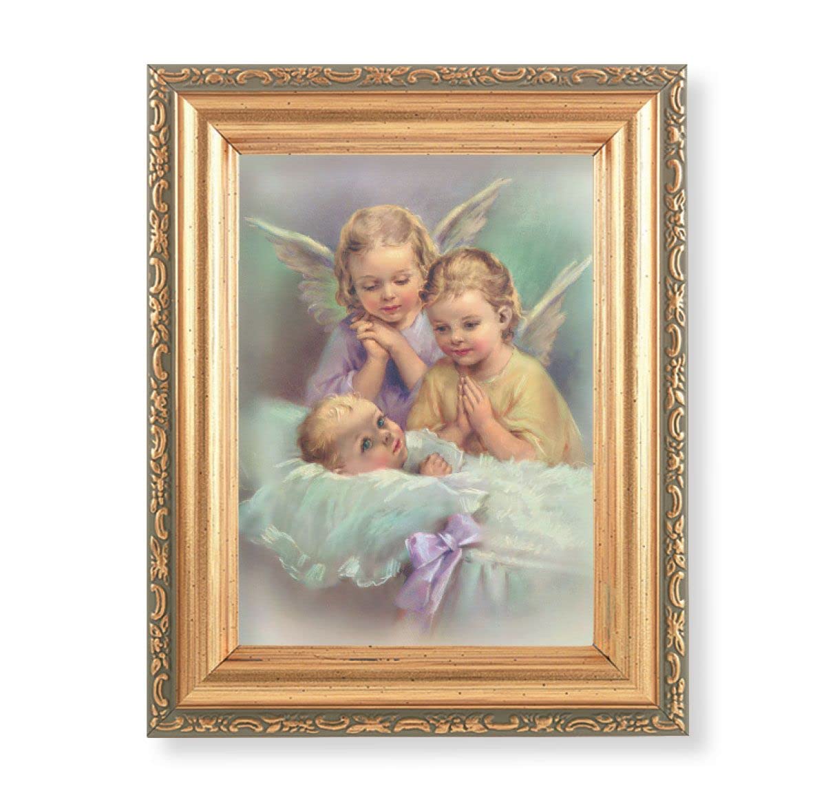 Antique Gold Frame, 5.75"x7.25" overall, Under Glass, Guardian Angels & Baby, # 6115