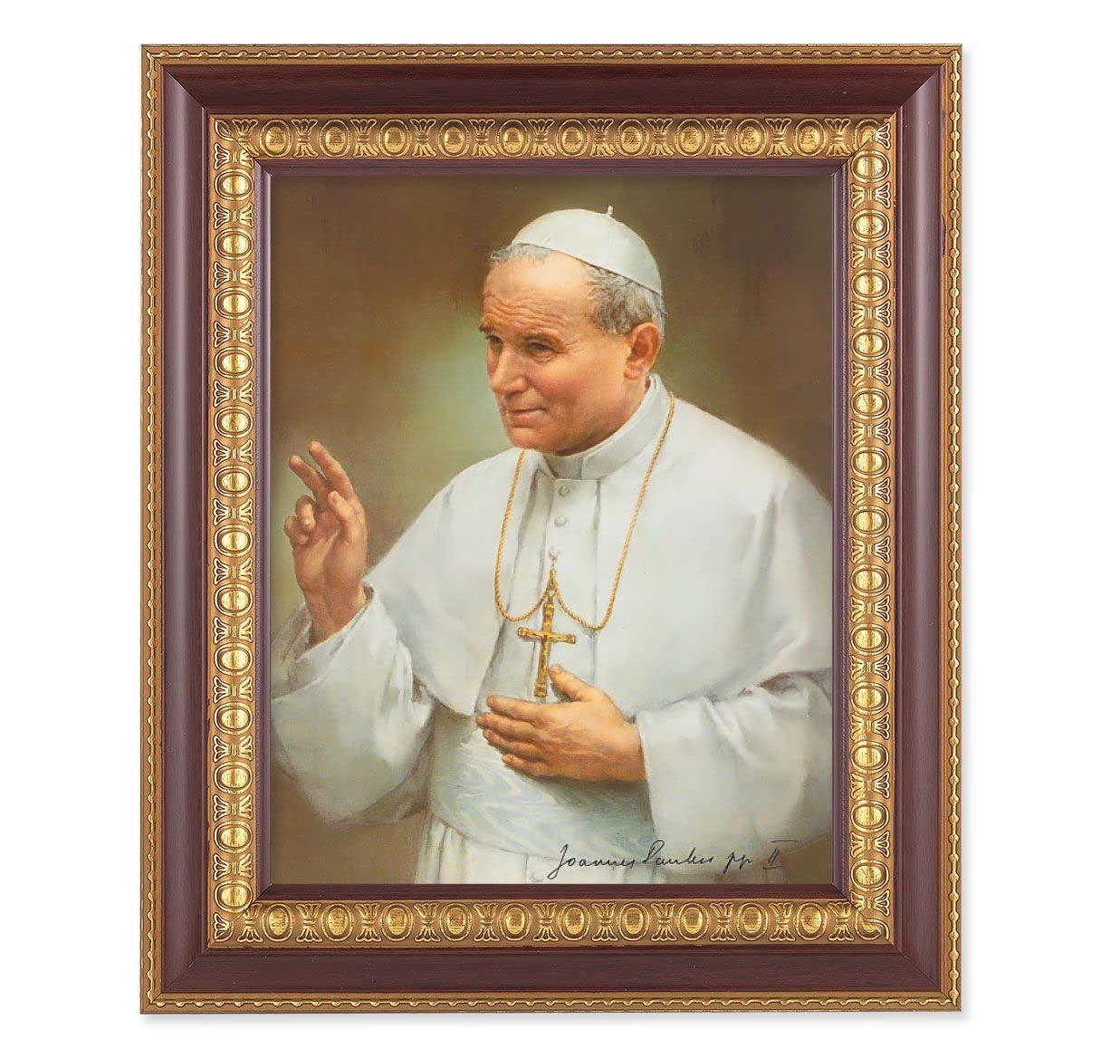 St. John Paul II, 11-1/2"x13-1/2, Cherry Finish with Gold Egg & Dart Frame, Italian Print Under Glass # 26090