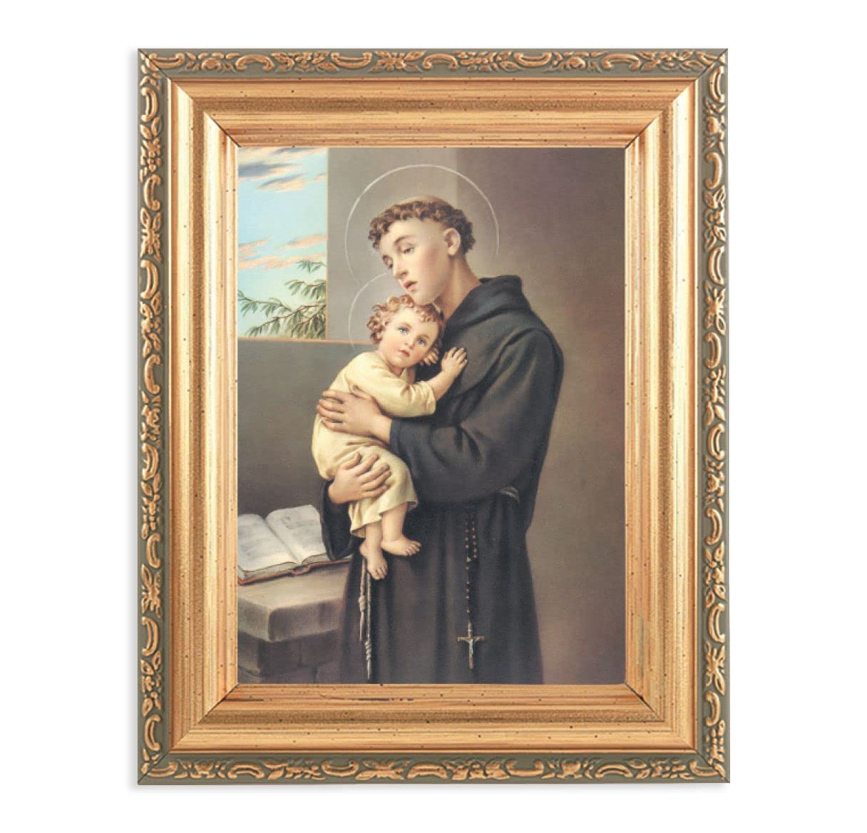 St. Anthony & Child Picture, Antique Gold 5-1/2"x7 Frame with Acanthus-Leaf Edging Under Glass # 28183
