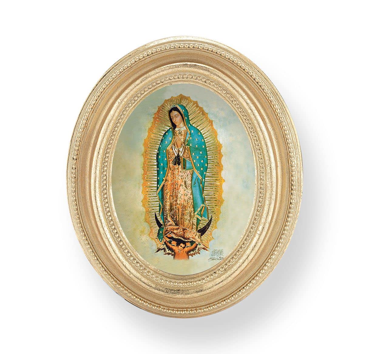 Our Lady of Guadalupe Picture, Gold Finish 3-3/4"x4-1/2 Oval Frame, Exclusive Gold Stamped Print Under Glass # 28413
