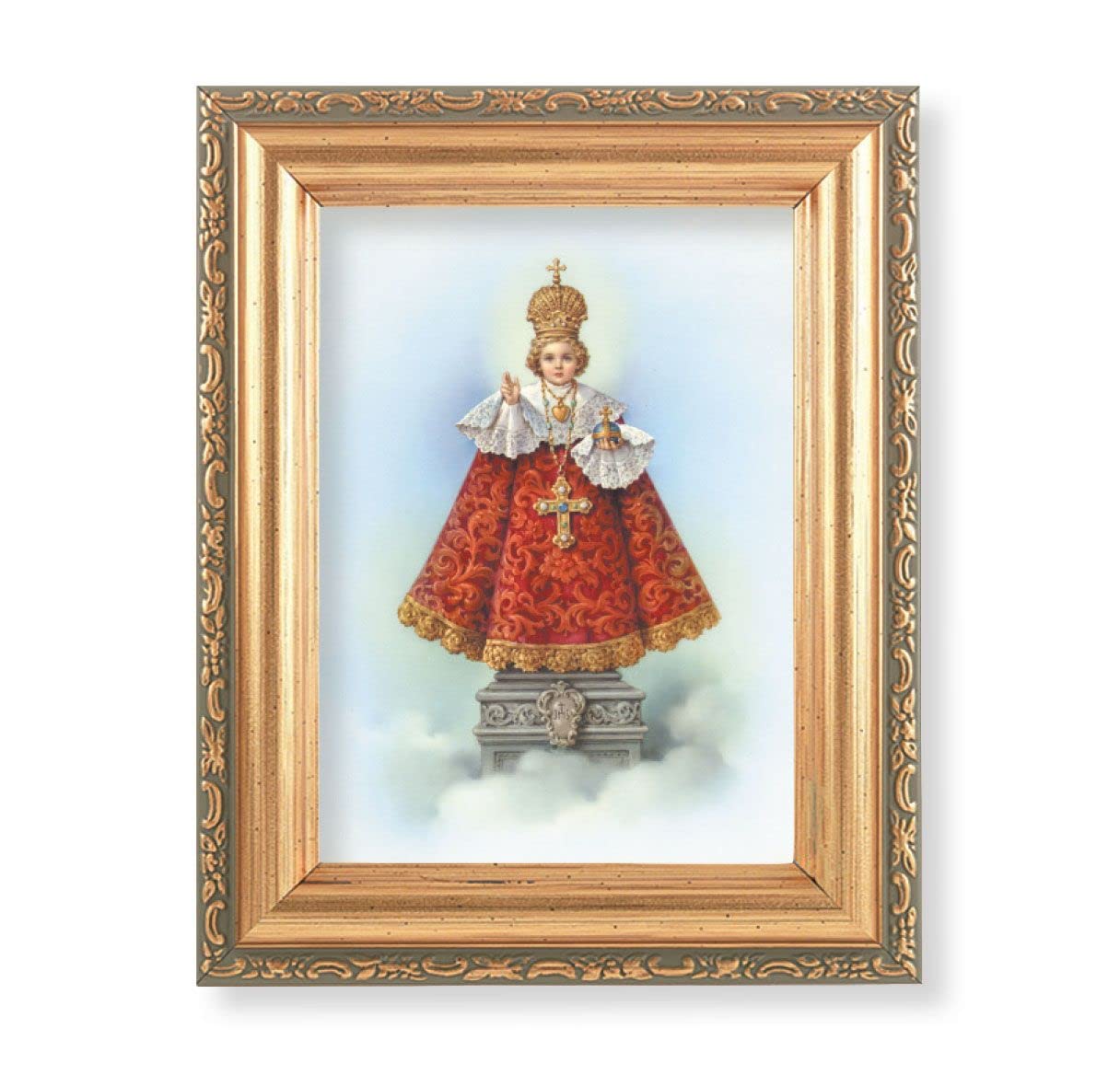 Infant of Prague Picture, Antique Gold 5-1/2"x7 Frame with Acanthus-Leaf Edging Under Glass # 28138