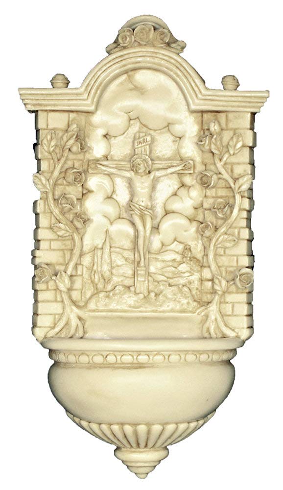 9" CRUCIFIX FONT IN ANTIQUE FINISHED ALABASTER Made in Italy., 96489