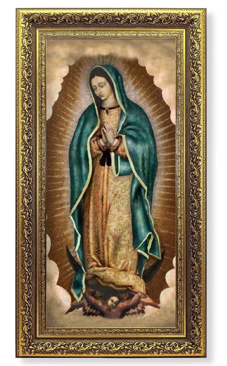 Our Lady of Guadalupe Picture, 14.5"x26" Detailed Wood Frame Under Glass, Italian Print # 22055