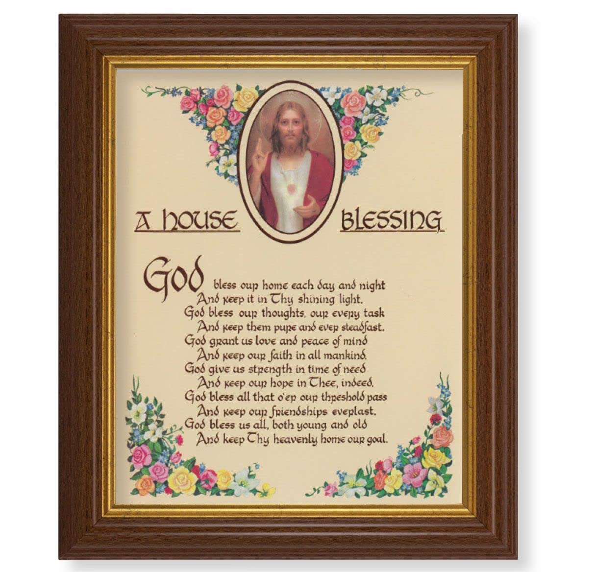 A House Blessing Picture, 10.5"x12.5" Walnut Finished Fluted Frame, Gold Beaded Lip, Italian Print # 27101