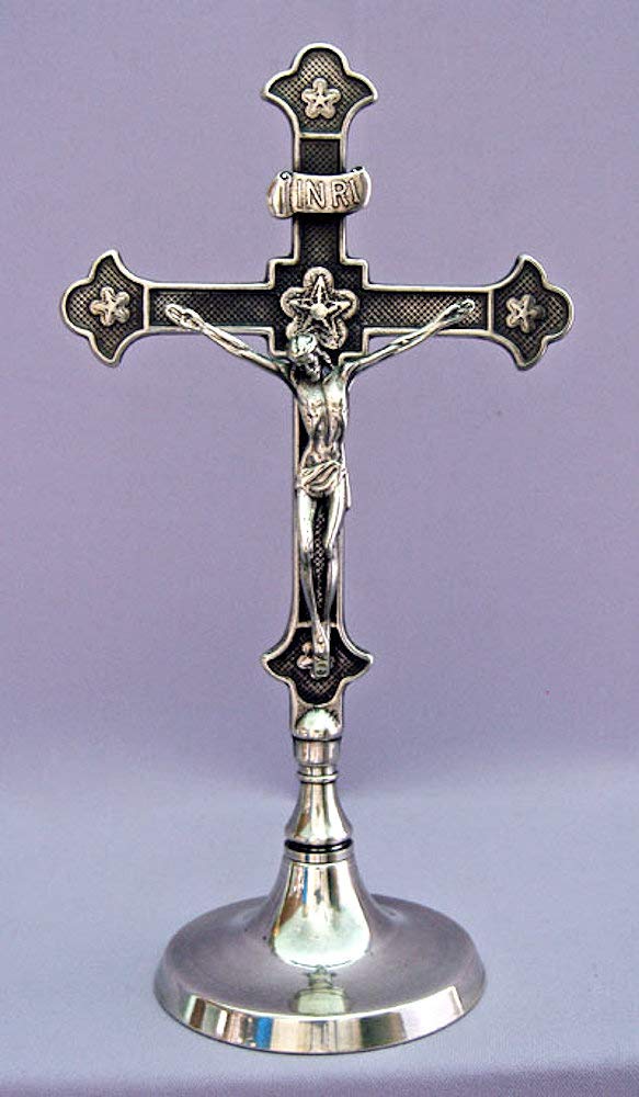 11.5" Standing Brass Crucifix, Round Base, Made in Italy, Silver Plated, 97500