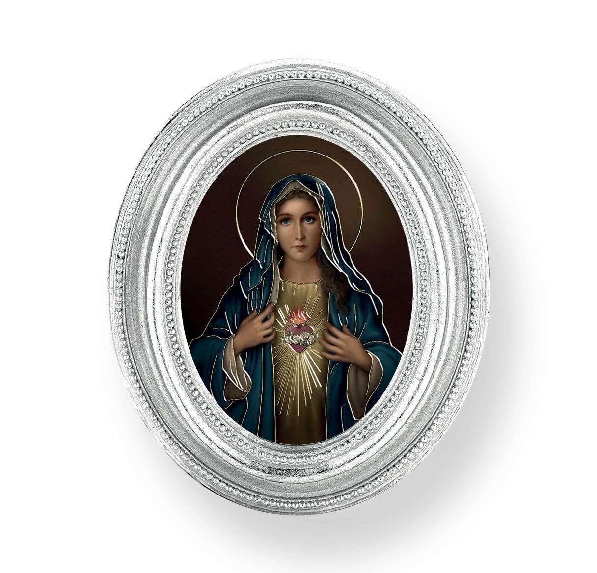 Simeone Immaculate Heart of Mary Picture, Silver Finish 3-3/4"x4-1/2 Oval Frame, Exclusive Gold Stamped Print Under Glass # 28447