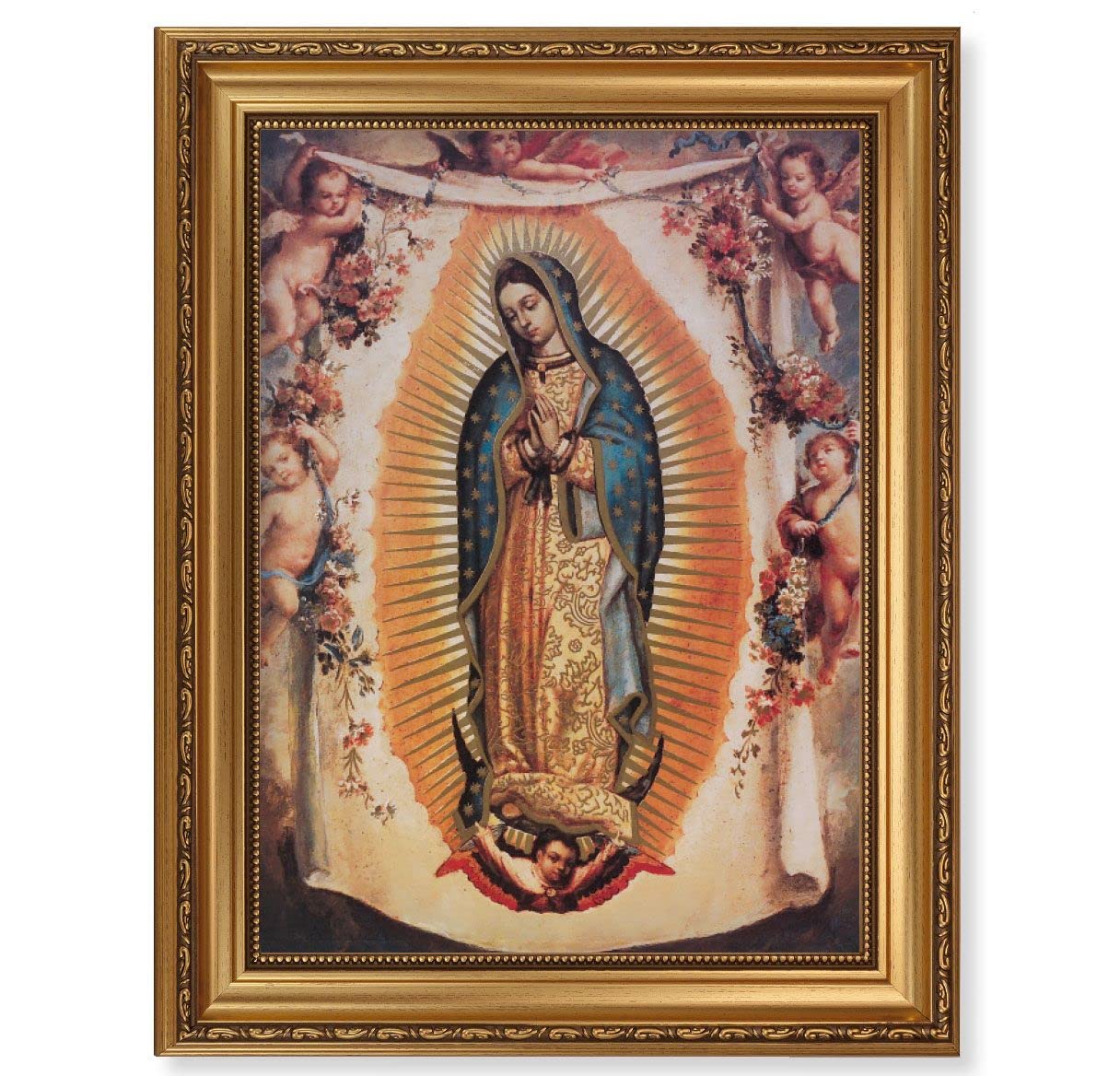 Our Lady of Guadalupe with Angels, 15-1/2"x19-1/2 Antique Gold Leaf Frame, Acanthus-Leaf Trim, Beaded Lip, Textured Italian Print # 22194