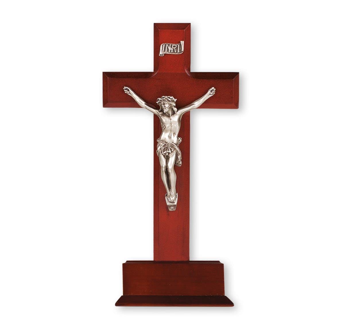 10" Standing Dark Cherry Cross on Base with Genuine Pewter Corpus, # 1338