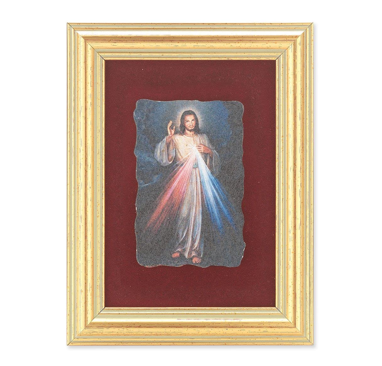 Divine Mercy Picture, Antique Gold 5" x6-1/2 Frame, Image Centered On Burgundy Velvet Matting # 28124